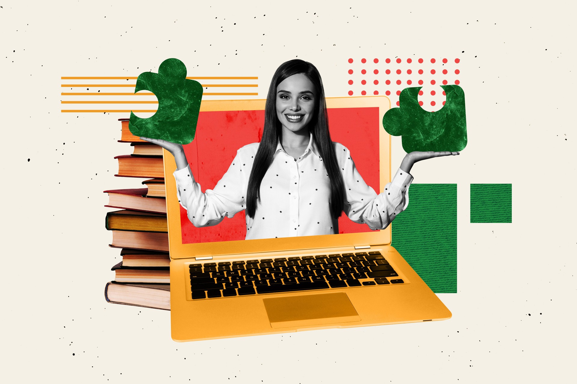 Sketch trend artwork 3D photo collage of young lady appear laptop display virtual remote book library read student study hand hold puzzle
